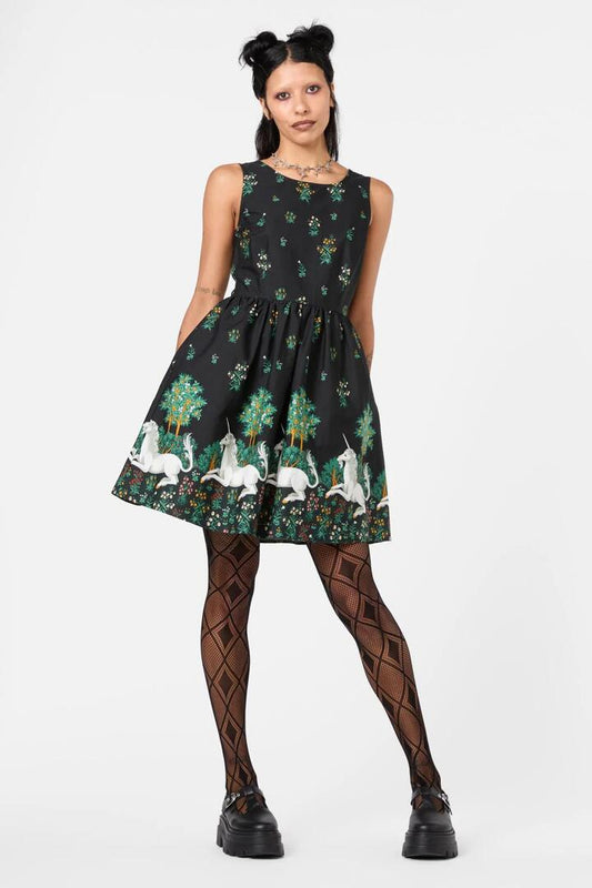 Image of a model wearing Dress. Productname: Heraldry Border Dress in Black colour by brand - Dangerfield