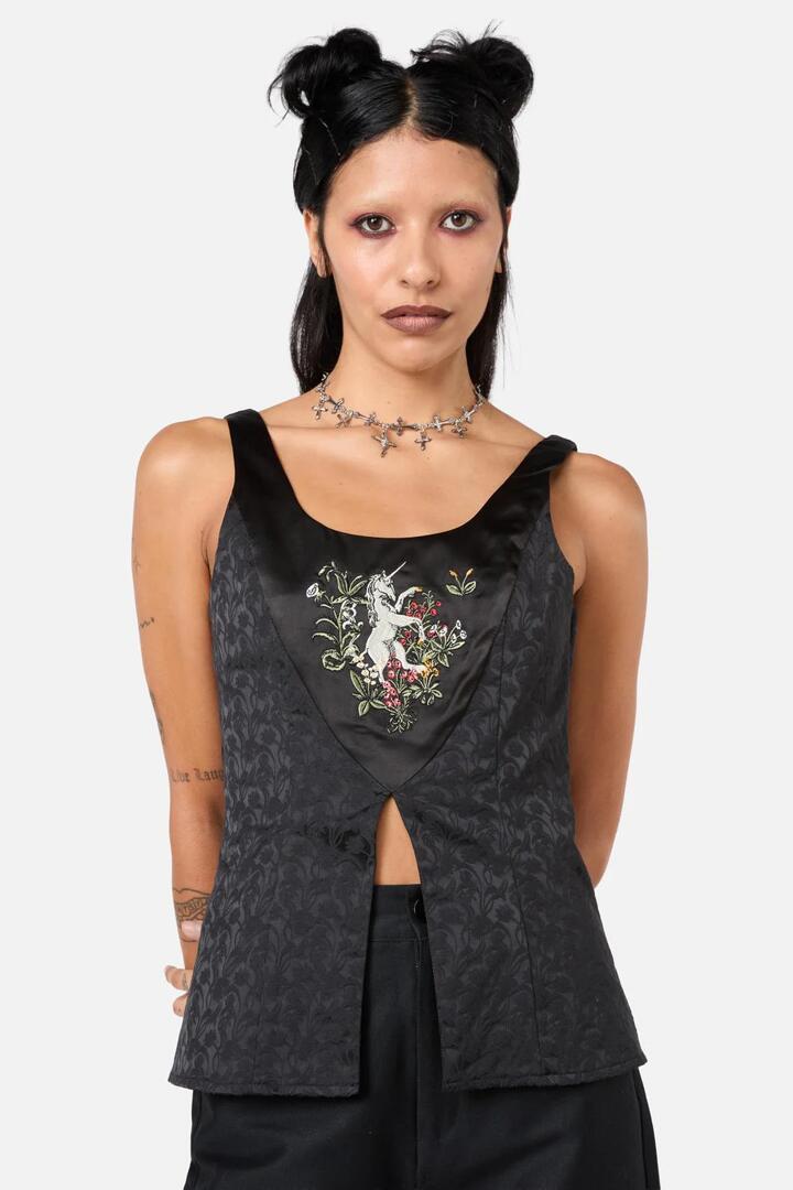Image of a model wearing Tops. Productname: Fable Brocade Cami in Black colour by brand - Dangerfield