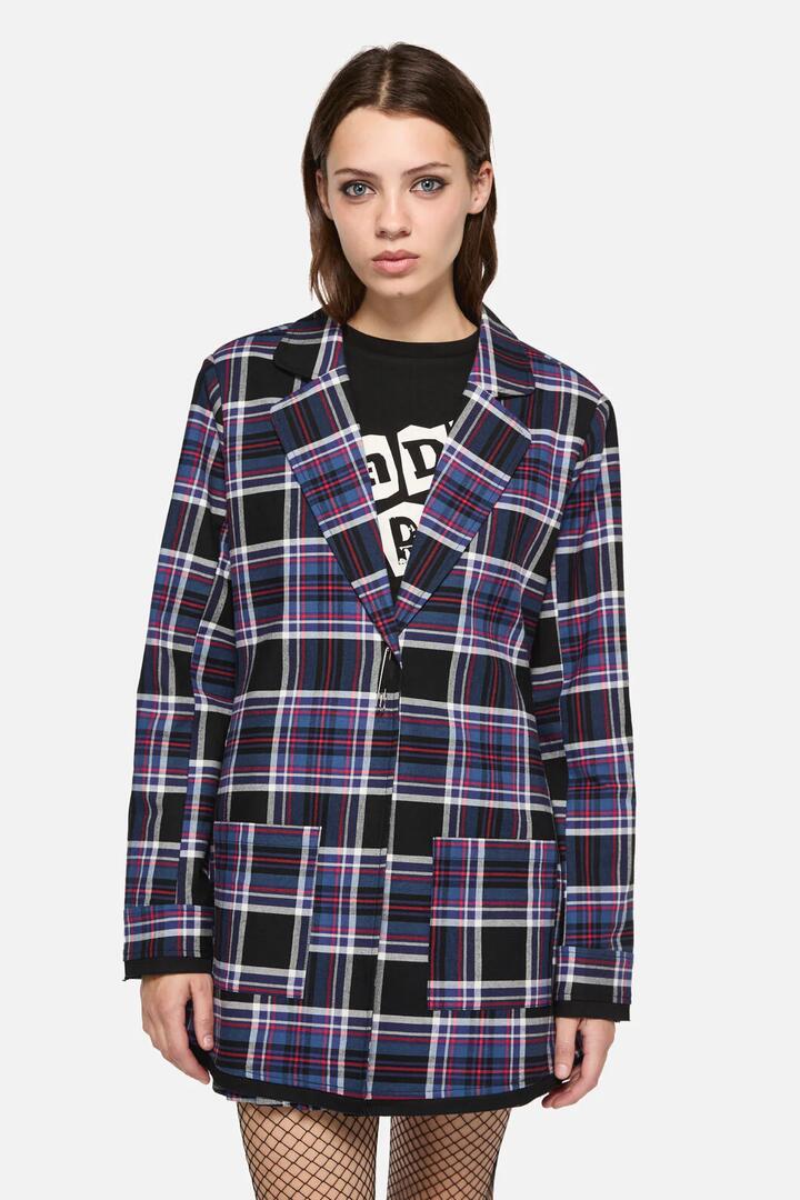 Image of a model wearing Outerwear. Productname: Edgy Tartan Jacket in Blue/Red colour by brand - Dangerfield