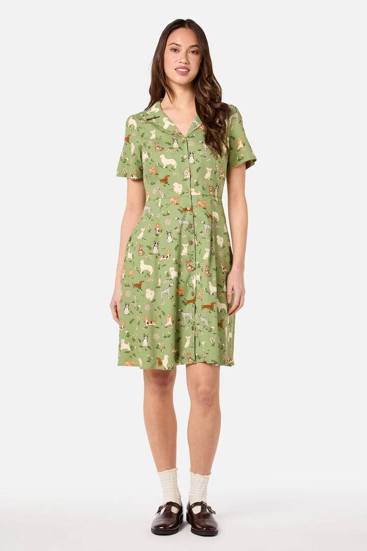 Image of a model wearing Dress. Productname: Cute Dogs Shirt Dress in Green colour by brand - Princess Highway