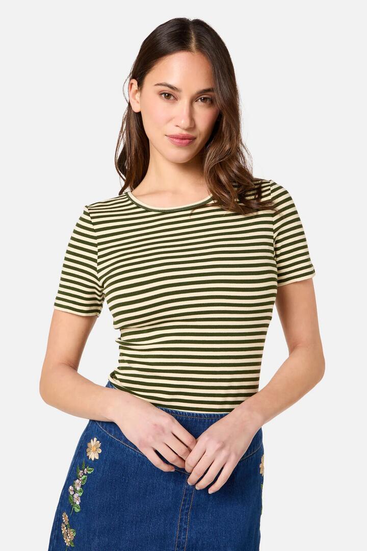 Image of a model wearing Tops. Productname: Penny Stripe Tee in Olive/Cream colour by brand - Princess Highway
