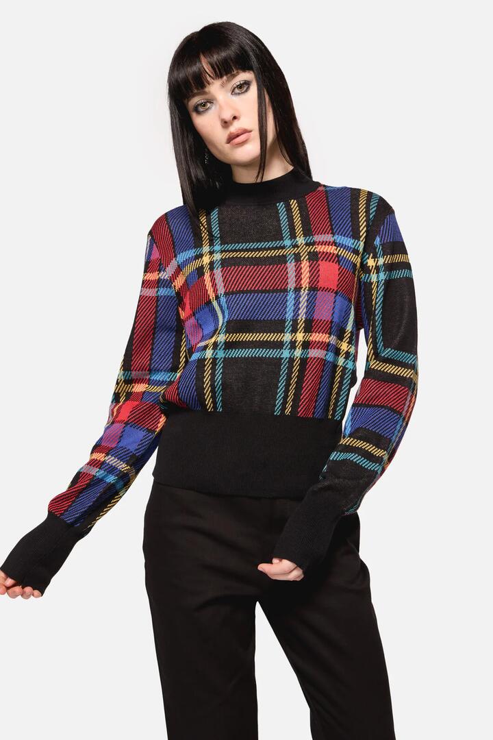 Image of a model wearing Tops. Productname: Anarchic Tartan Knit in Multi colour by brand - Dangerfield