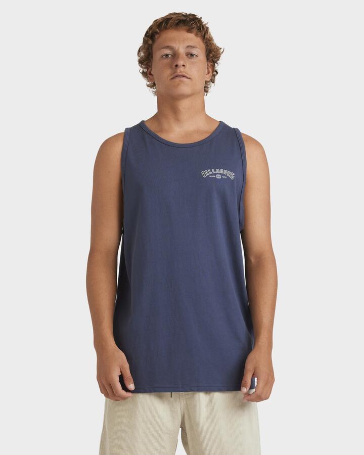 Image of a model wearing Tops. Productname: Billabong Mens Bracket Arch Tank Top Dark Navy - in Dark Navy colour by brand - Billabong