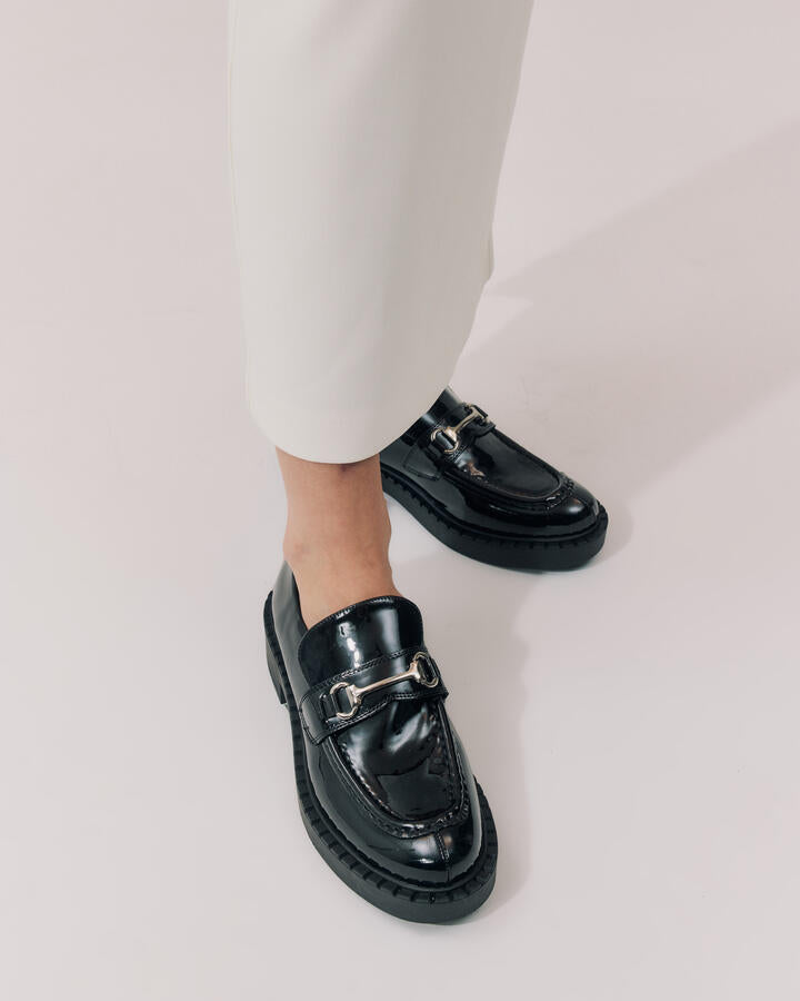 Image of Flats. Product name - Elias Black Patent Vegan Flats in Black colour by brand - Novo