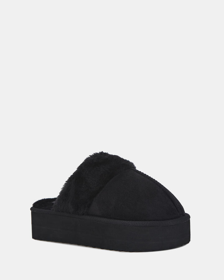 Image of Slippers. Product name - Fuzzy Black Slippers in Black colour by brand - Novo