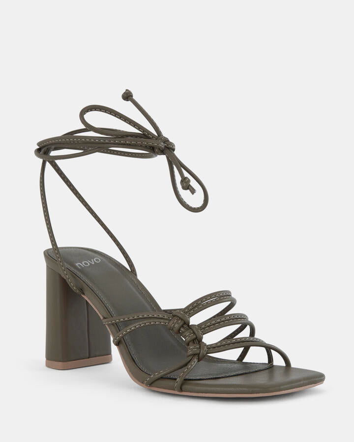 Image of Heels. Product name - Milano Khaki Open Toe Heels in Green colour by brand - Novo