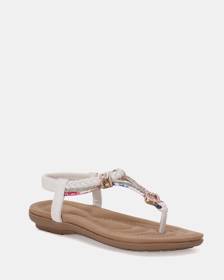Image of Sandals. Product name - Elsandy White Vegan Sandals in Multi colour by brand - Novo