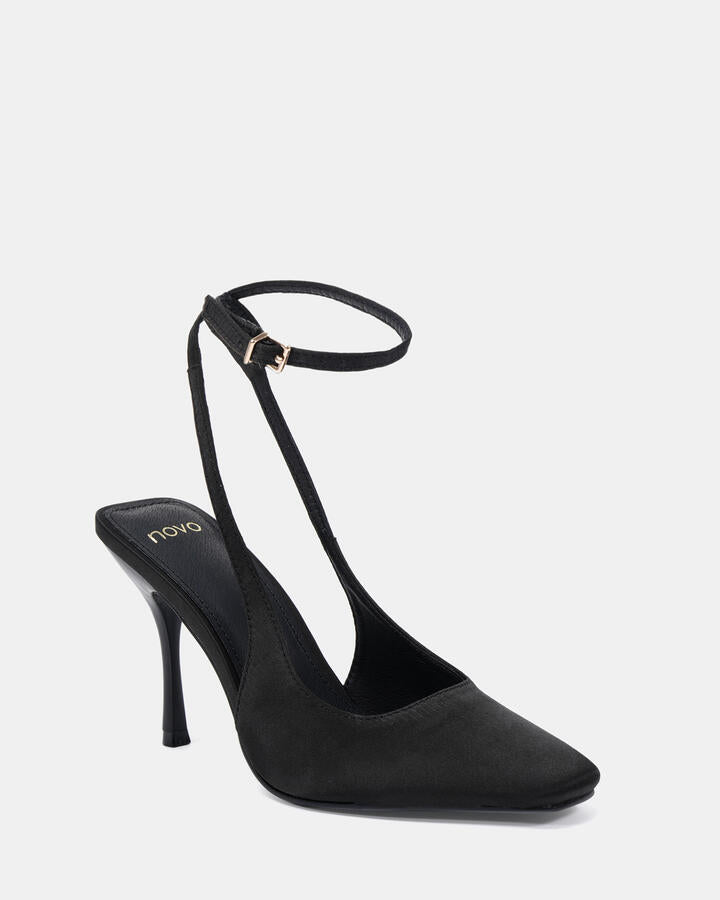 Image of Heels. Product name - Irish Black Satin High Heels in Black colour by brand - Novo