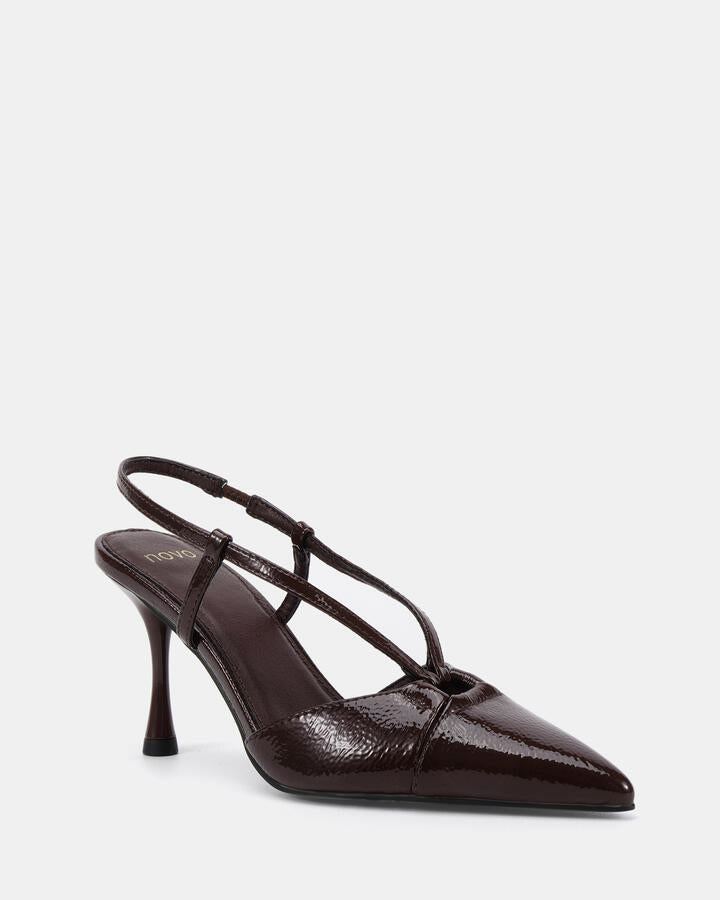 Image of Heels. Product name - Isaiah Espresso Crinkle Patent Vegan Heels in Espresso Crinkle Patent colour by brand - Novo