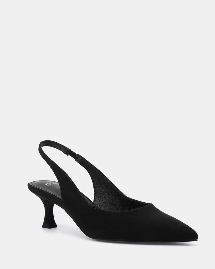 Image of Heels. Product name - Idinna Black Suede Low Heels in Black colour by brand - Novo