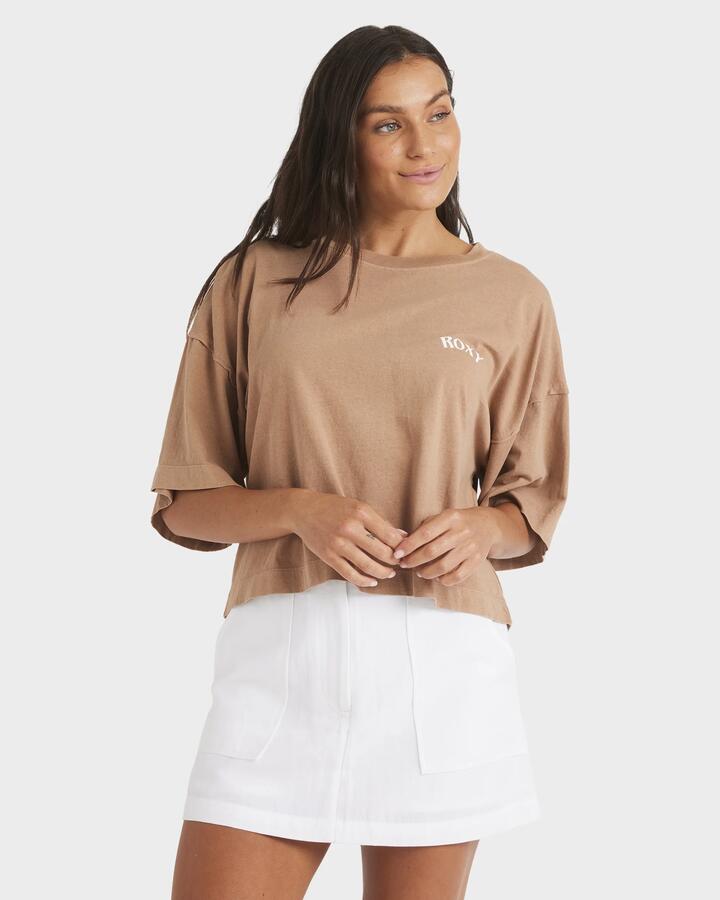 Image of a model wearing Tops. Productname: Roxy Womens Be Easy T-Shirt Wood - in Wood colour by brand - Roxy