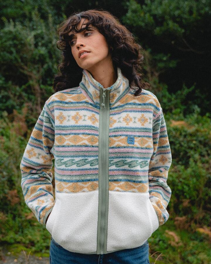Image of a model wearing Outerwear. Product name - Billabong Womens Rock Jetty Fleece Jacket Whitecap in Whitecap colour by brand - Billabong