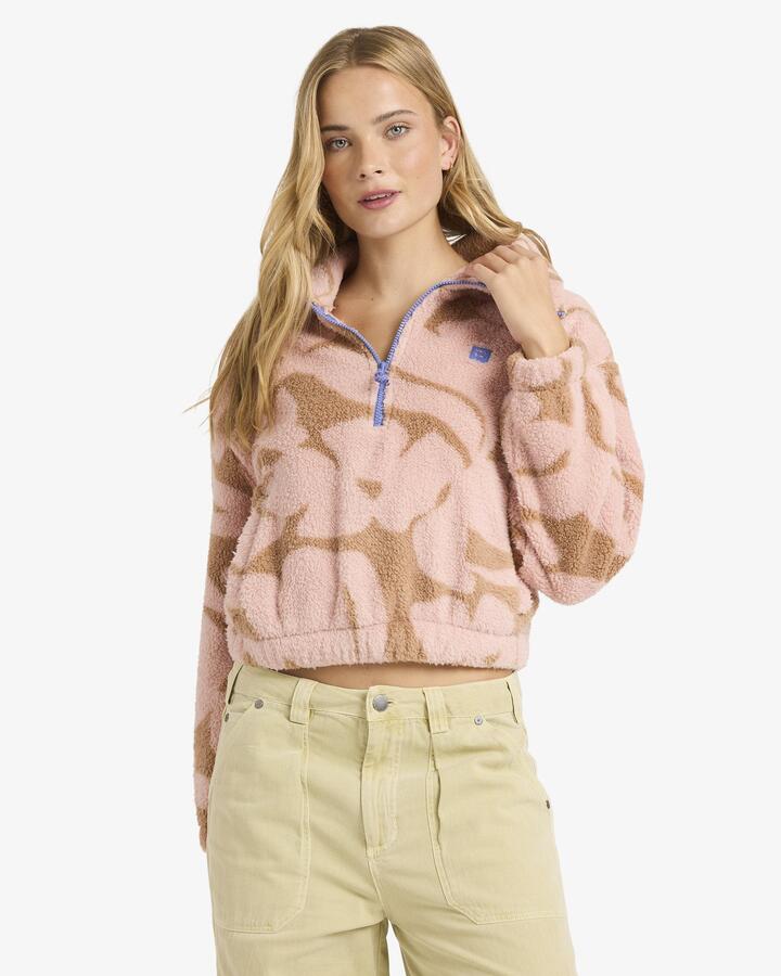 Image of a model wearing Outerwear. Product name - Billabong Womens Barra Half Zip Pullover Rose Brown in Rose Brown colour by brand - Billabong