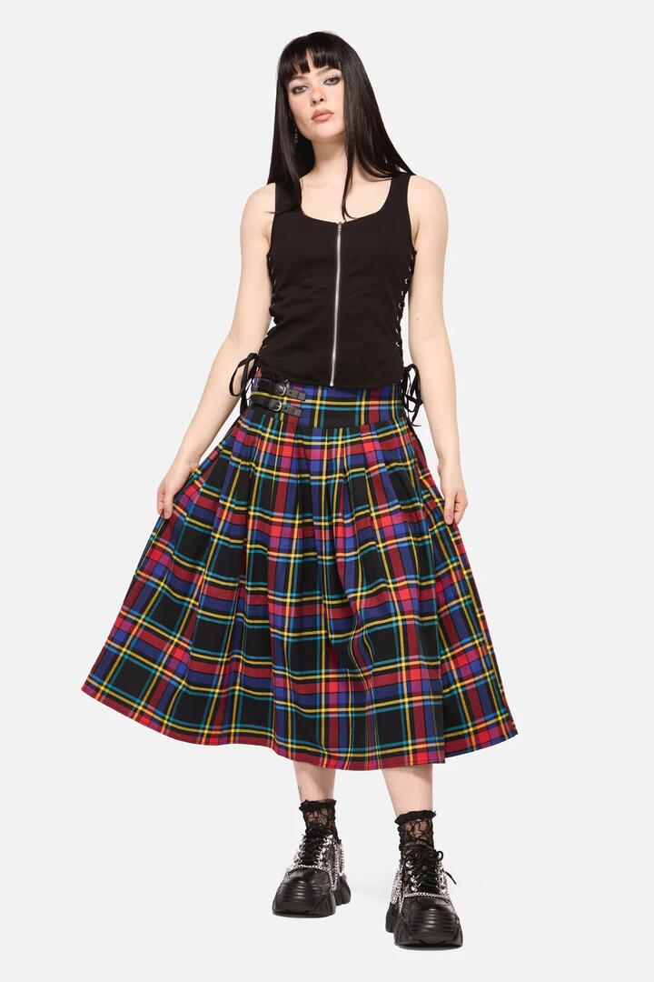 Image of a model wearing Skirts. Productname: Anarchic Tartan Midi Skirt in Multi colour by brand - Dangerfield