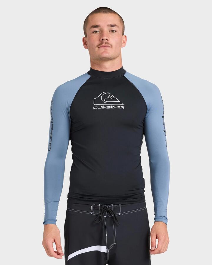 Image of a model wearing Tops. Productname: Quiksilver Mens On Tour Long Sleeve Rash Vest China Blue - in China Blue colour by brand - Quiksilver