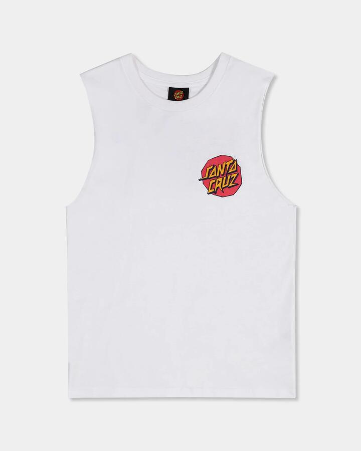 Image of a model wearing Tops. Productname: Santa Cruz Boys 8-16 Meek Scratched Slasher Muscle Shirt White - in White colour by brand - Santa Cruz