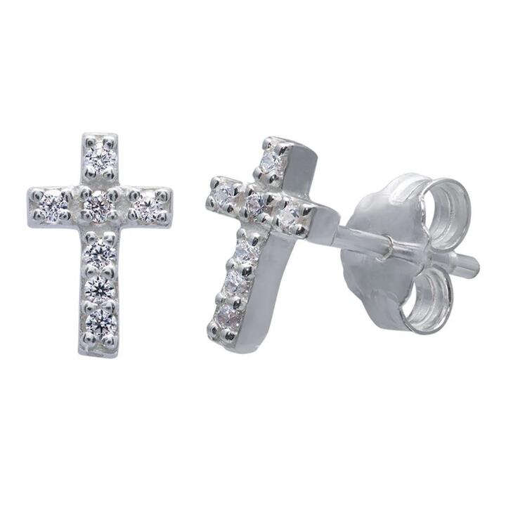Image of Earrings. Productname: Mini Cross Cubic Zirconia Earrings in Sterling Silver in Silver colour by brand - Bevilles