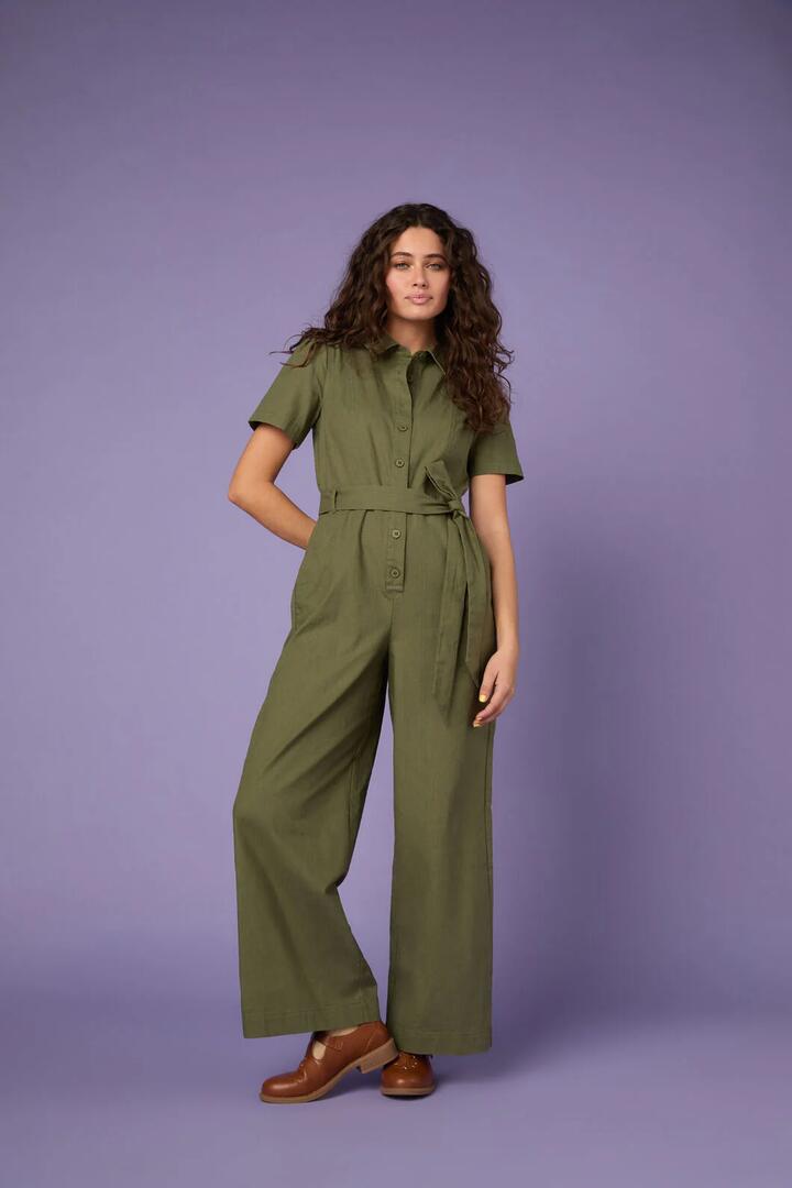 Image of a model wearing Outerwear. Productname: Billy Boiler Suit in Olive colour by brand - Princess Highway