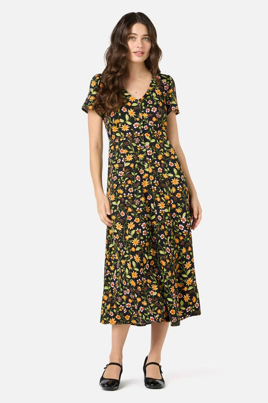 Image of a model wearing Dress. Productname: Alyssa Floral Midi Dress in Black colour by brand - Princess Highway