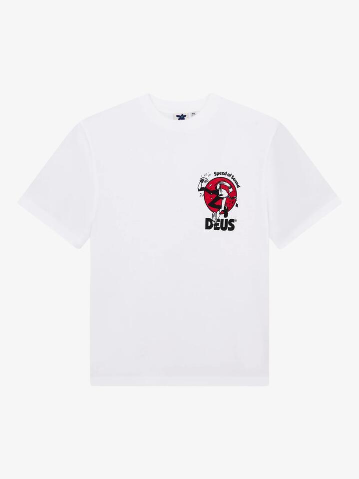 Image of a model wearing Tops. Productname: Deus Roughneck Tee in VINTAGE WHITE colour by brand - Deus