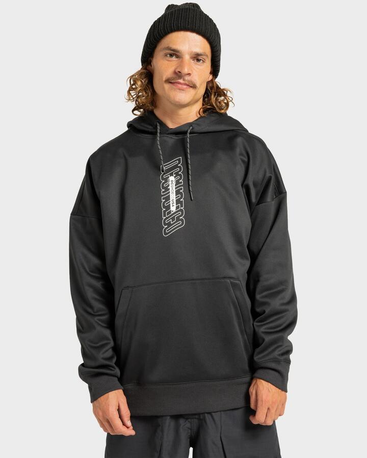 Image of a model wearing Outerwear. Product name - DC Shoes Mens Dc Omega Fleece Pullover Hoodie Black in Black colour by brand - DC Shoes