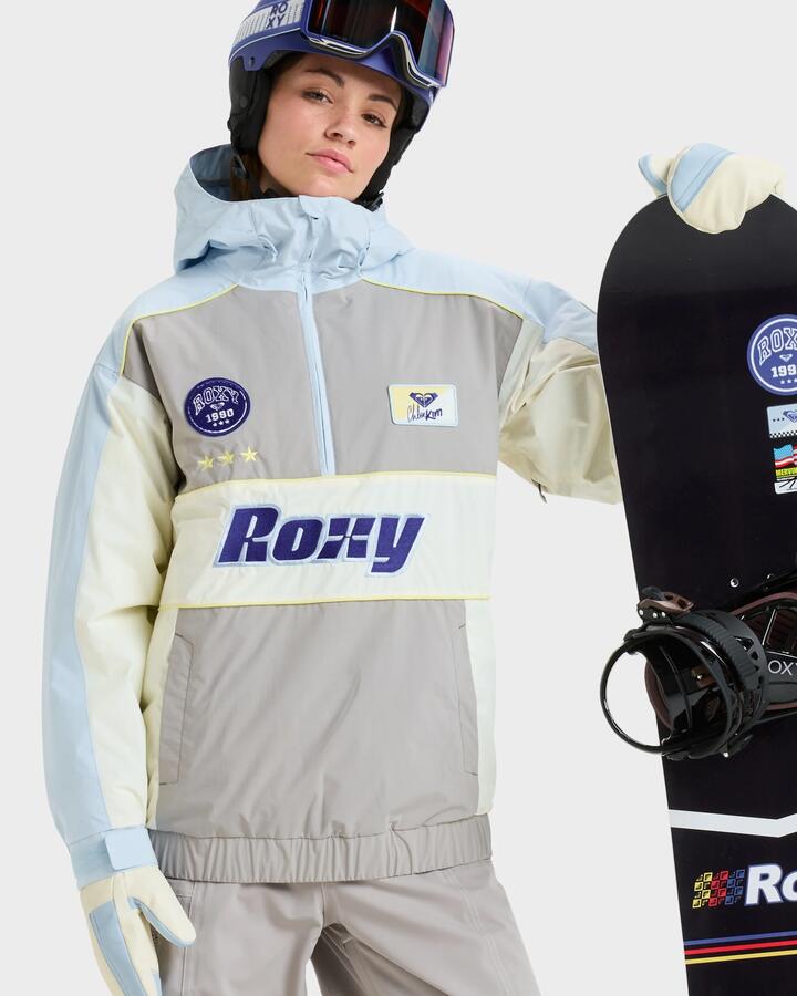 Image of a model wearing Outerwear. Productname: Roxy - Womens Chloe Kim Snow Jacket - Ash - in Ash colour by brand - Roxy