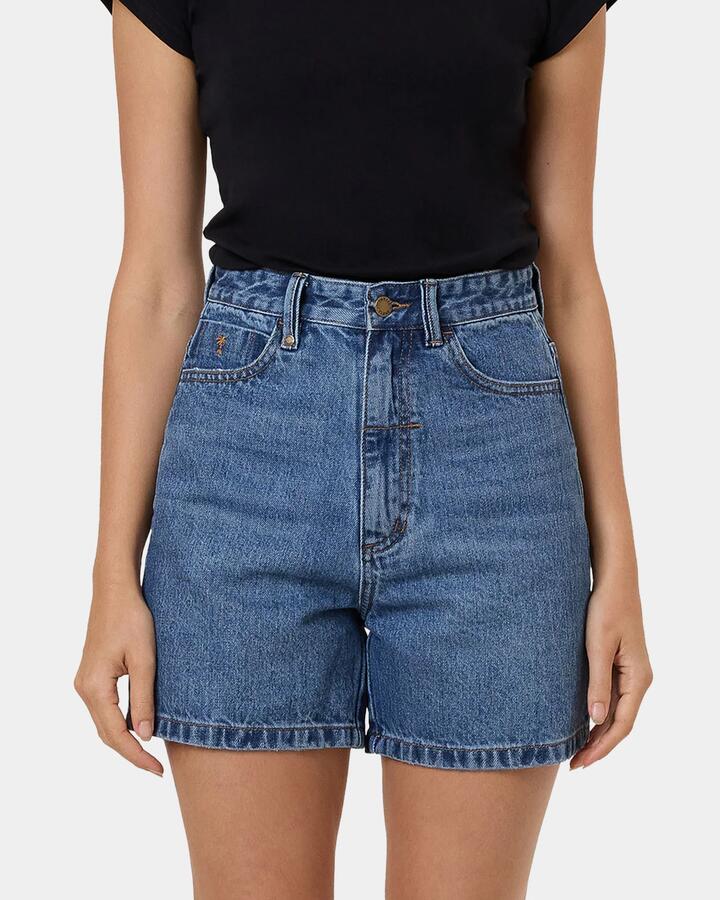 Image of a model wearing Shorts. Productname: thrills - Womens Koko Denim Shorts - Blue - in Blue colour by brand - thrills