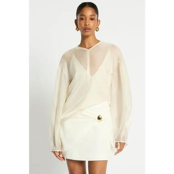 Image of a model wearing Tops. Productname: Afterglow Top in EDELWEISS colour by brand - sass and bide