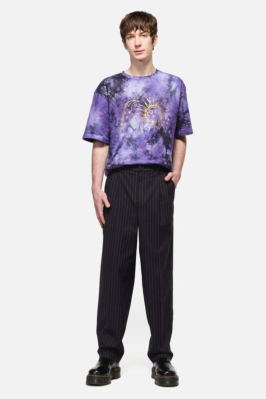Image of a model wearing Pants. Productname: Sabrina Pin Stripe Slim Fit Pants in Purple/Black colour by brand - Black Friday