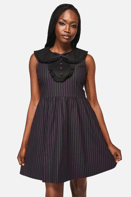 Image of a model wearing Dress. Productname: Sabrina Pinstripe Goth Dress in Black/Purple colour by brand - Black Friday