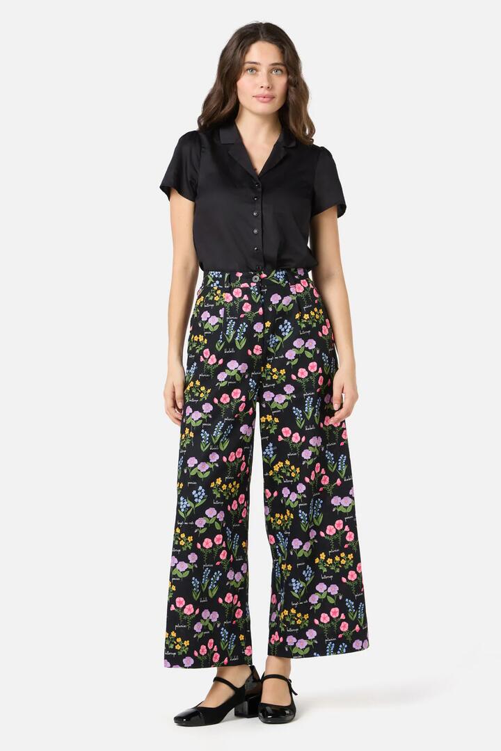 Image of a model wearing Pants. Productname: Cottage Garden Culotte in Black colour by brand - Princess Highway