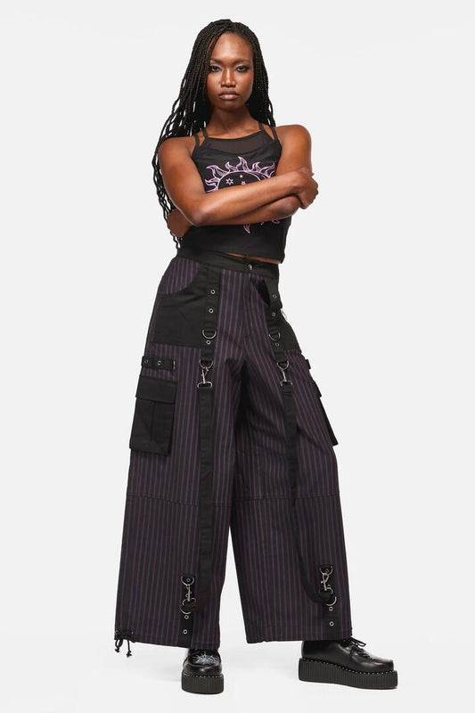 Image of a model wearing Pants. Productname: Sabrina Pinastripe Goth Pant in Black/Purple colour by brand - Black Friday