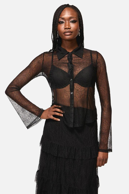 Image of a model wearing Tops. Productname: Web Lace Long Sleeve Blouse in Black colour by brand - Black Friday