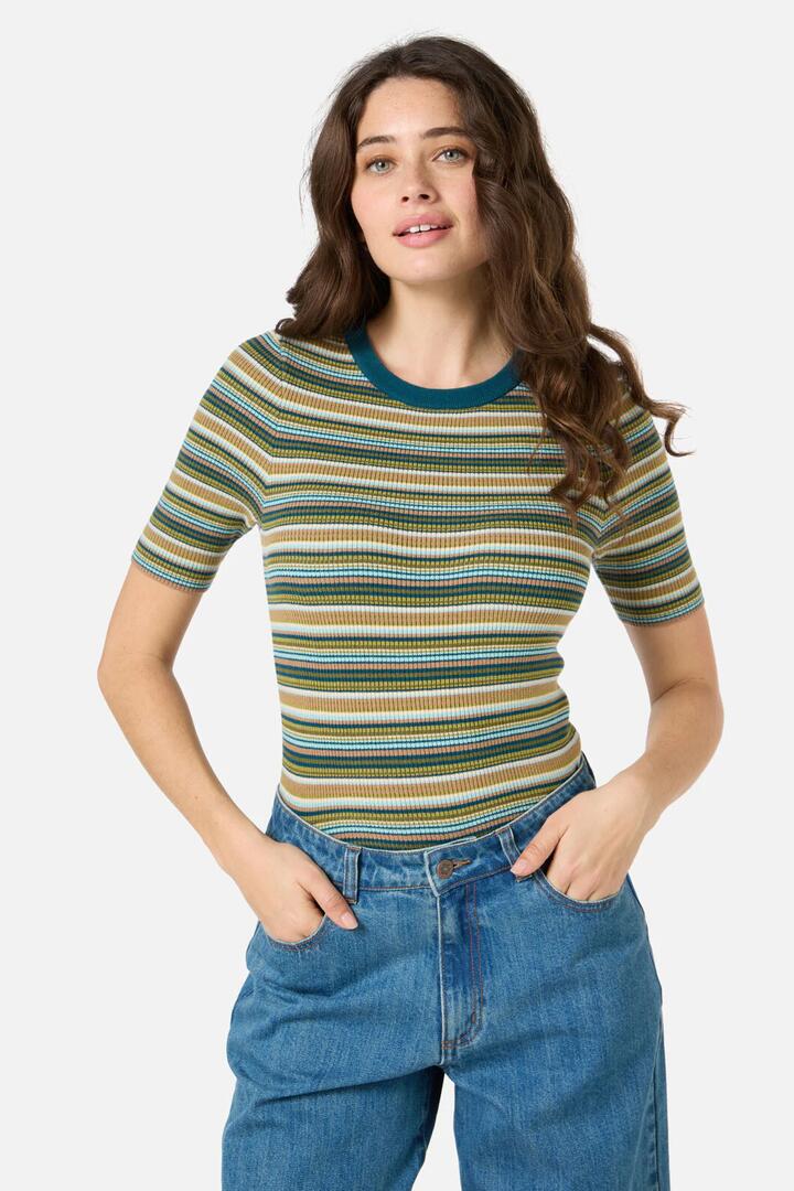 Image of a model wearing Tops. Productname: Sadie Stripe Knit Top in Teal colour by brand - Princess Highway