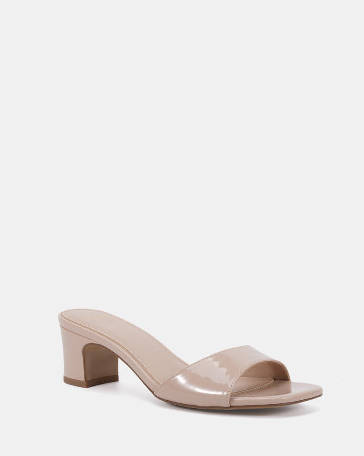Image of Heels. Productname: Viyan: Nude Patent - Women's Strappy - Low Heel in Beige colour by brand - Novo