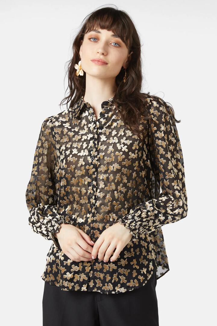 Image of a model wearing Tops. Productname: Champagne Bubbles Devore Shirt in Gold colour by brand - Gorman