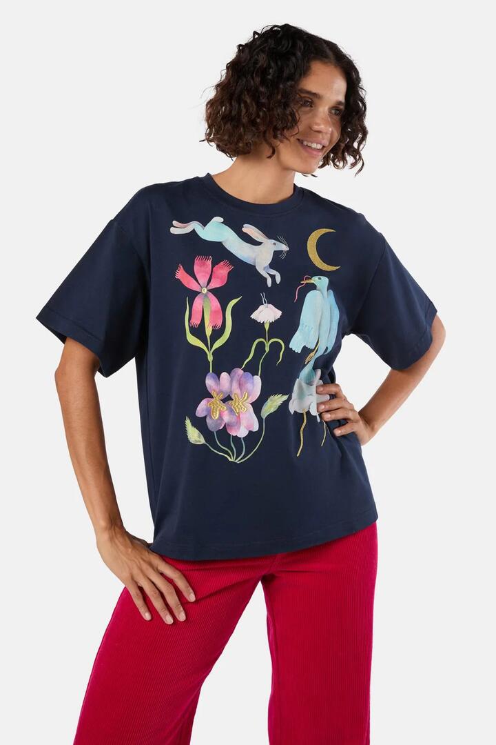 Image of a model wearing Tops. Productname: Daydream Embroidered Oversized Tee in Print colour by brand - Gorman