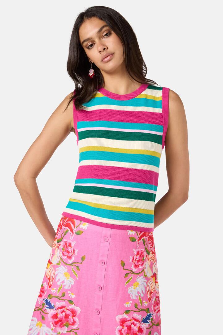 Image of a model wearing Tops. Product name - Morgan Knit Stripe Tank in Stripe colour by brand - Gorman