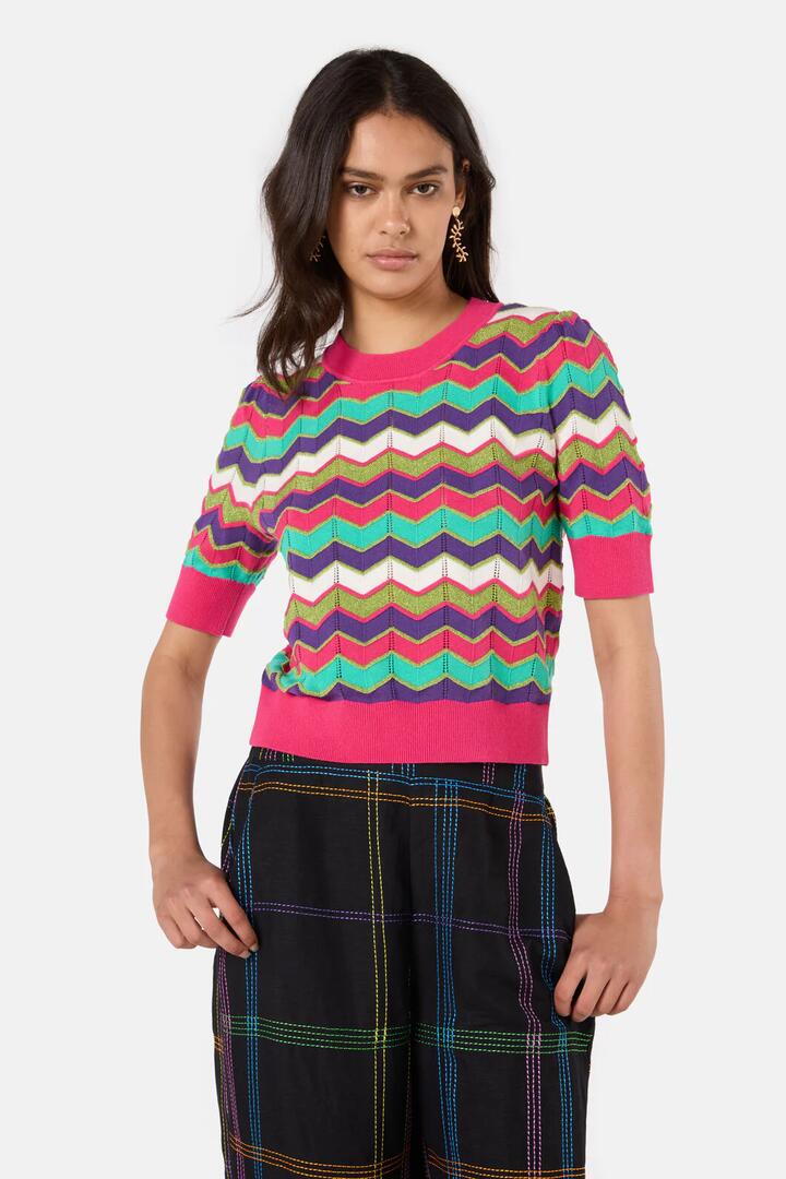 Image of a model wearing Tops. Product name - Ziggy Knit Top in Multi colour by brand - Gorman