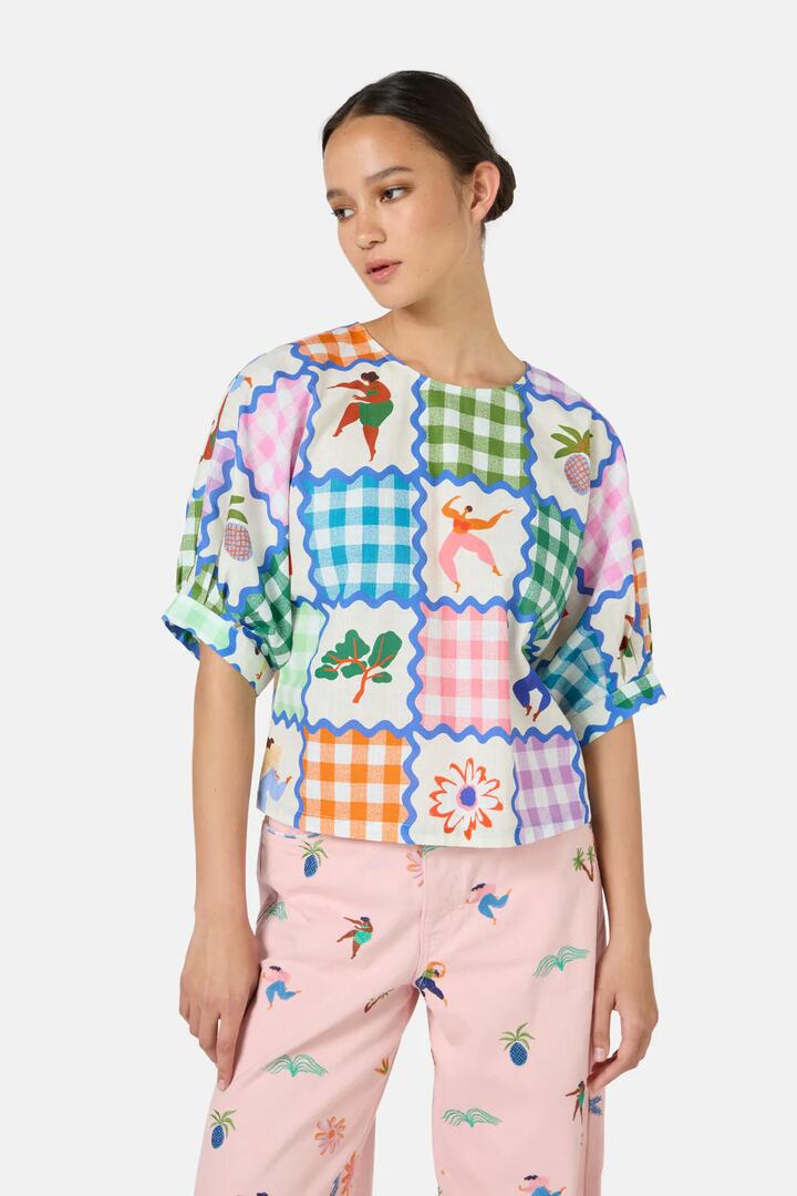 Image of a model wearing Tops. Product name - Hidden Paradise Patchwork Top in Print colour by brand - Gorman