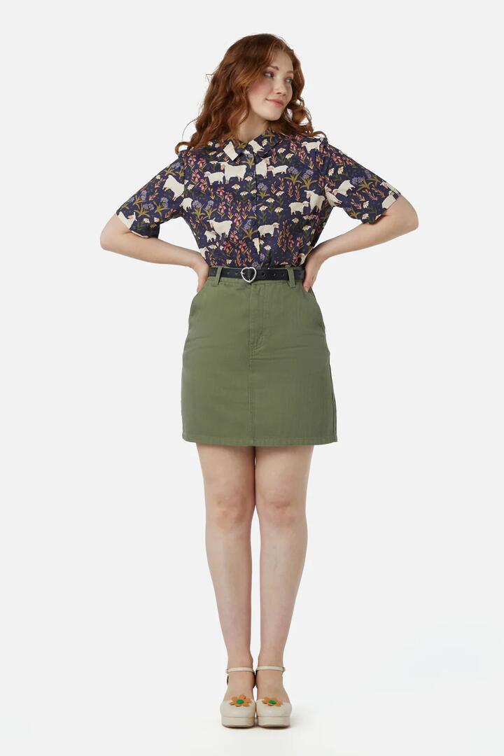 Image of a model wearing Skirts. Productname: Kimberly Skirt in Olive colour by brand - Princess Highway