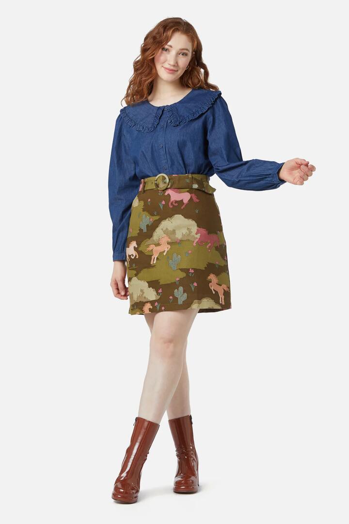 Image of a model wearing Skirts. Productname: Wild Horses Skirt in Olive colour by brand - Princess Highway