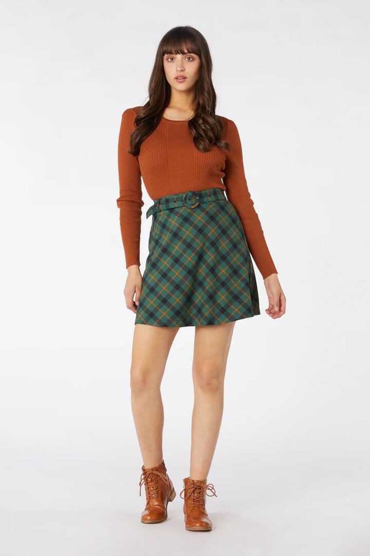 Image of a model wearing Skirts. Product name - Claudia Check Skirt in Green colour by brand - Princess Highway