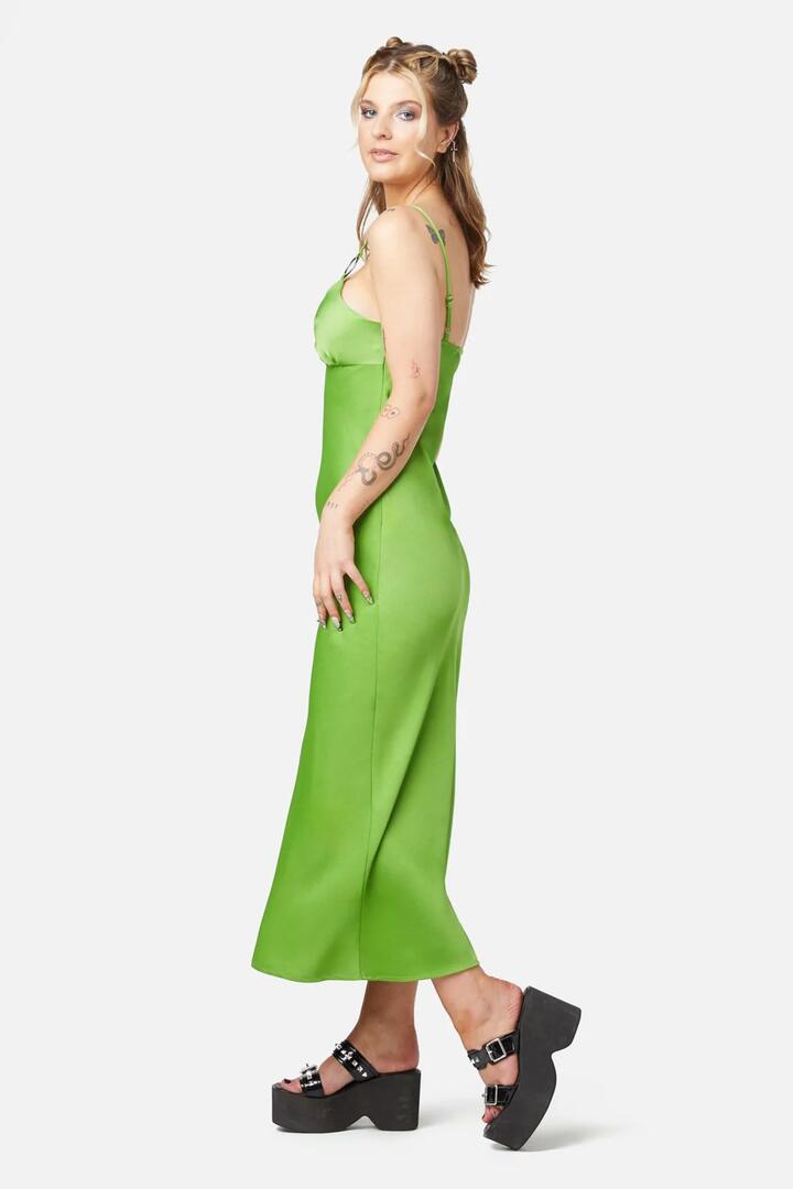 Image of Dresses. Product name - Lizzie Satin Bias Cut Dress in Green colour by brand - Dangerfield