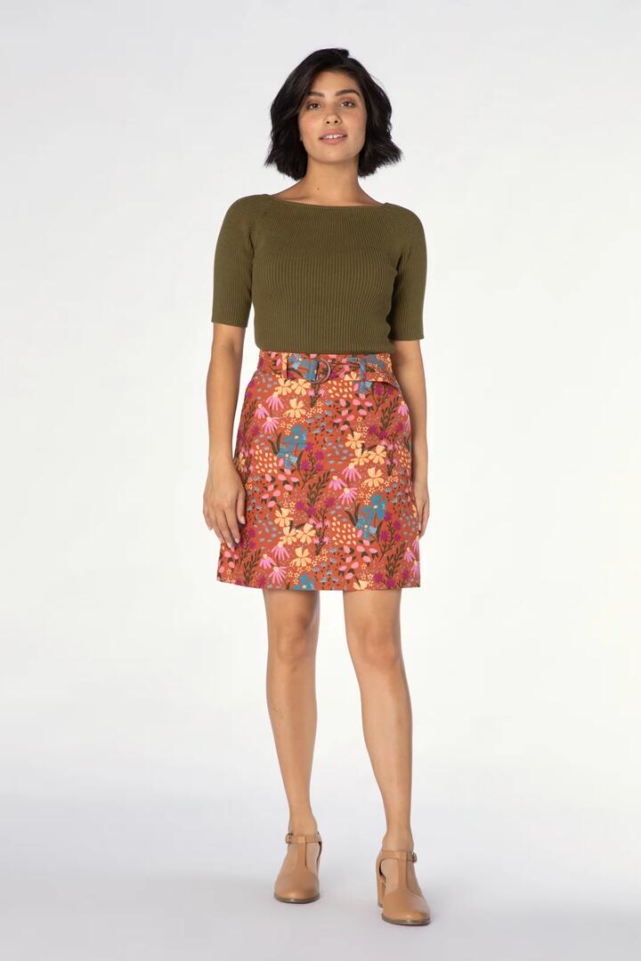 Image of a model wearing Skirts. Productname: Ingrid Skirt in Rust colour by brand - Princess Highway
