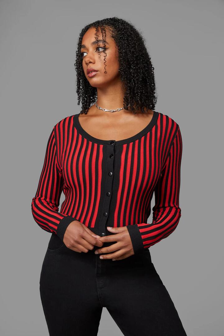 Image of a model wearing Outerwear. Productname: Voyager Cardigan in Red colour by brand - Black Friday