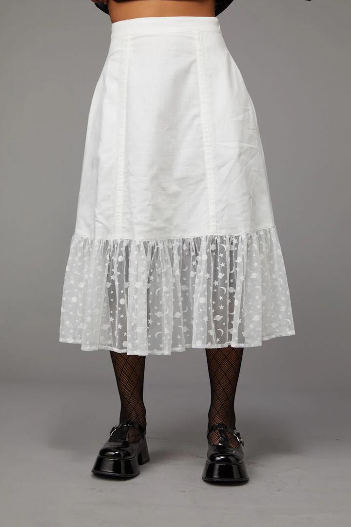Image of a model wearing Skirts. Productname: Shooting Star Skirt in Cream colour by brand - Black Friday