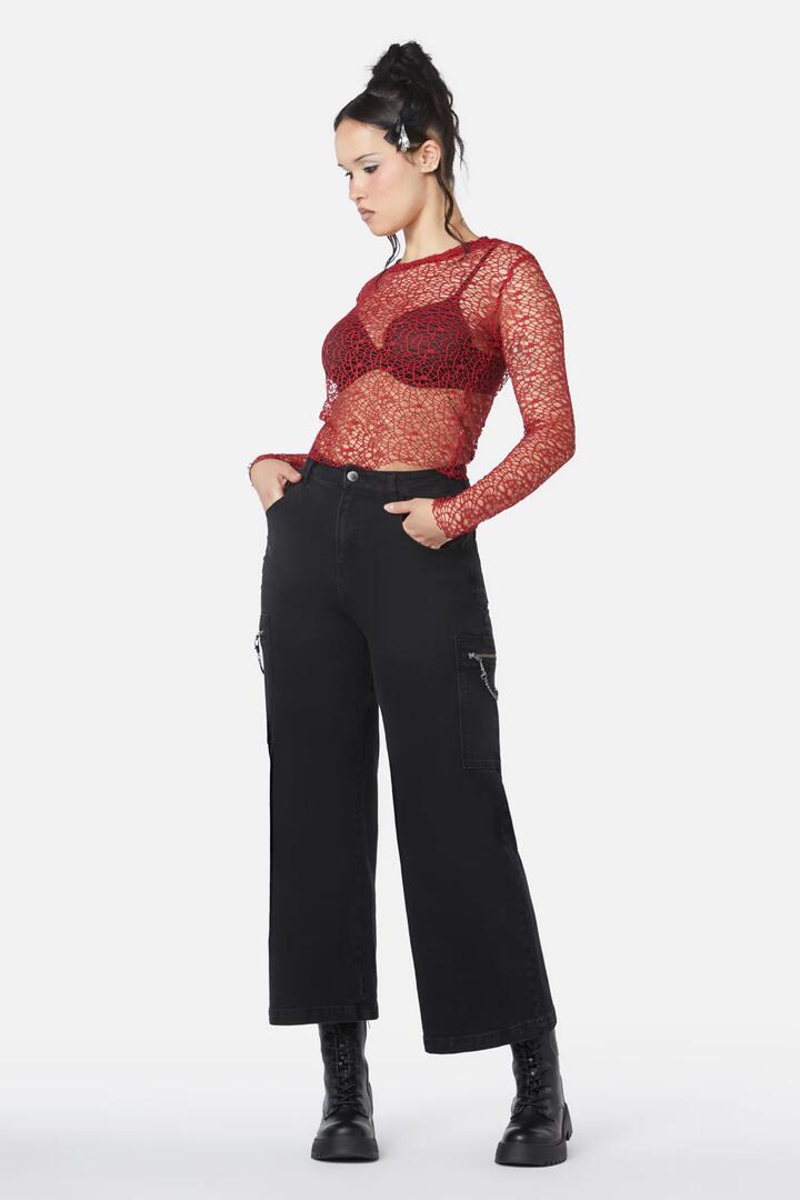 Image of a model wearing Tops. Productname: Mortal Webbed Mesh Top in Red colour by brand - Dangerfield