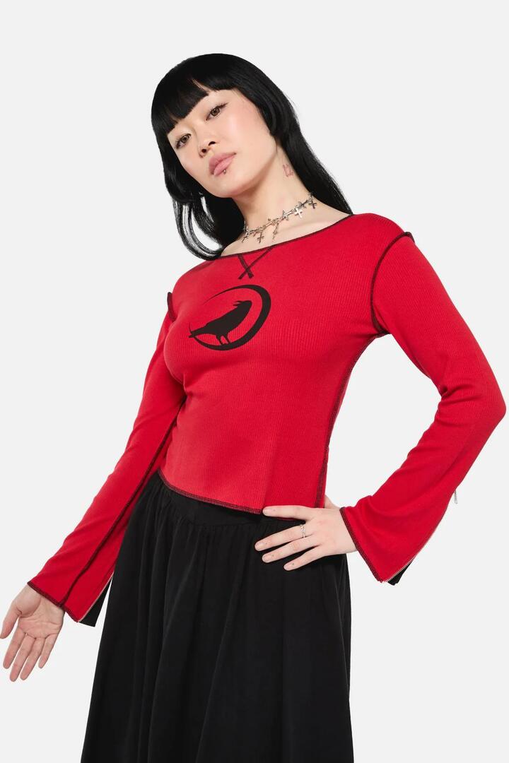 Image of a model wearing Tops. Product name - Wahn Ribbed Jersey Top in Red colour by brand - Black Friday