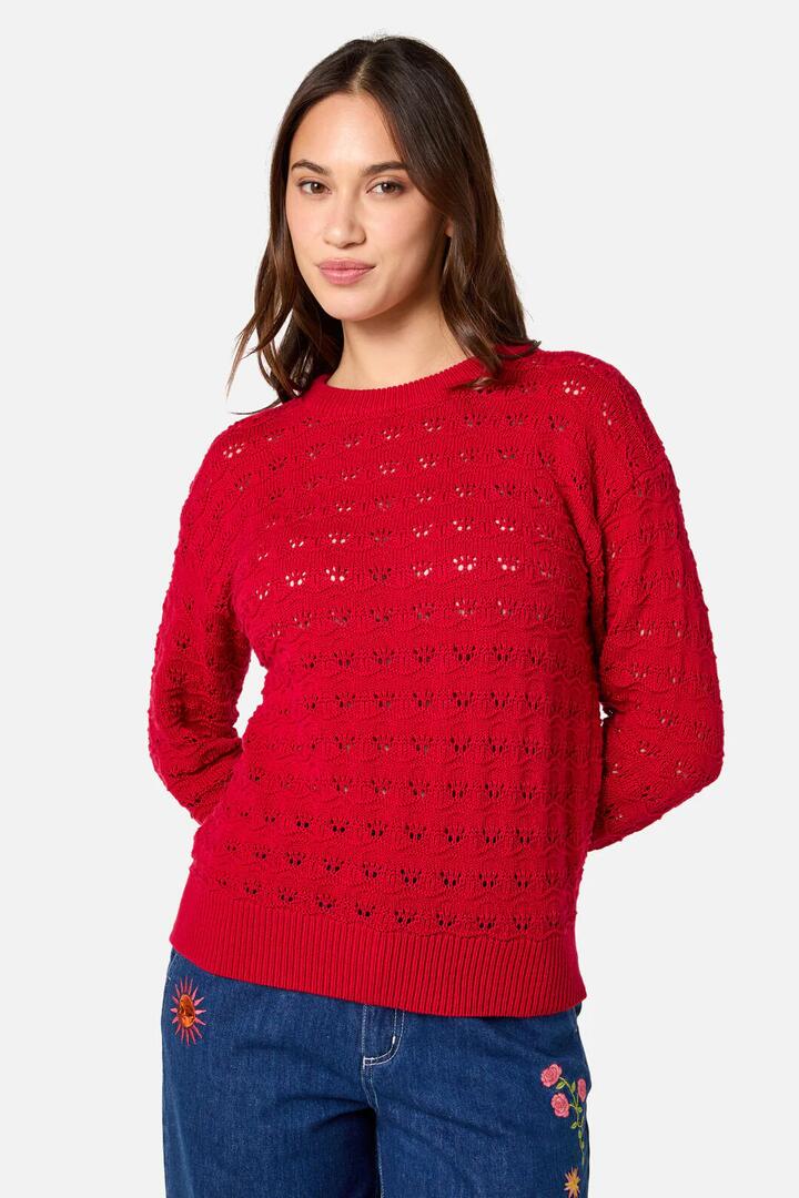 Image of a model wearing Outerwear. Productname: Bea Lacey Knit Jumper in Red colour by brand - Princess Highway